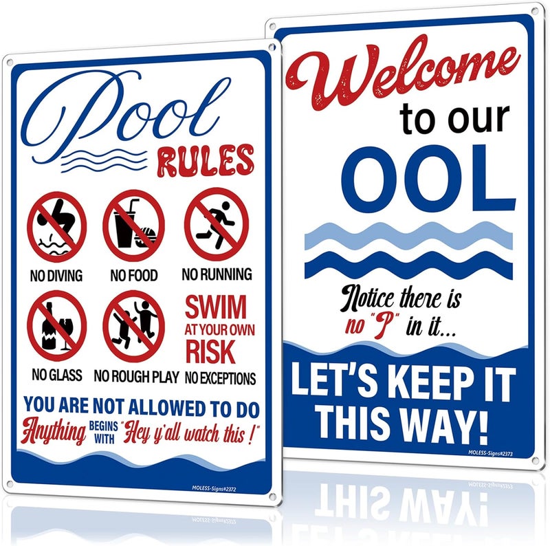 MOLESS 2 Pack Pool Signs – 12x8 Inch Welcome To Our Ool & Funny Pool Rules Sign Safety, Durable 0.040 Aluminum, Easy to Mount, PSP-2401 - Image 1